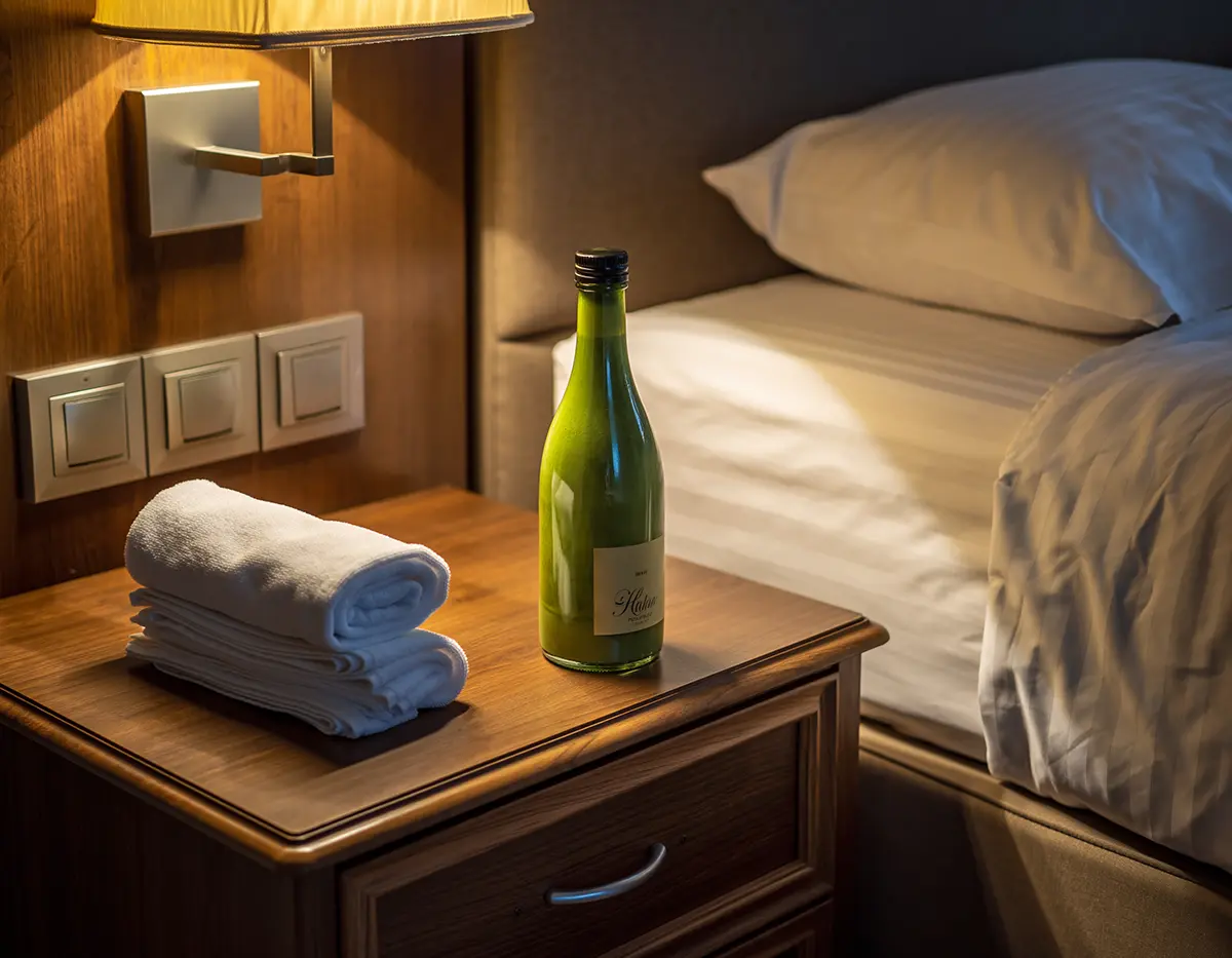 落ち着いた照明のベッドサイドにタオルと飲み物がある画像